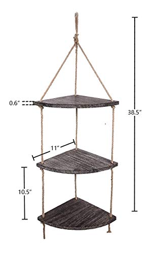 TIMEYARD Hanging Shelf Corner Wall Shelf, 3 Tier Distressed Wood Shelves with Jute Rope, Farmhouse Storage Organizer Rack Rustic Home Decor for Living Room Bedroom Bathroom Kitchen