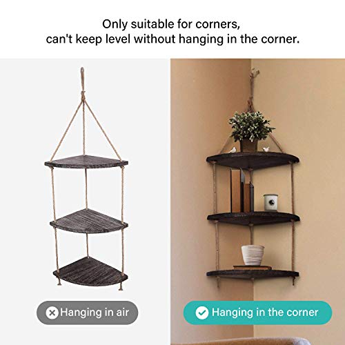 TIMEYARD Hanging Shelf Corner Wall Shelf, 3 Tier Distressed Wood Shelves with Jute Rope, Farmhouse Storage Organizer Rack Rustic Home Decor for Living Room Bedroom Bathroom Kitchen