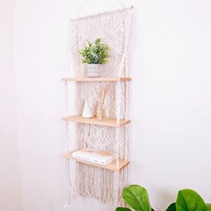 31mod macrame wall hanging shelf with enhanced solid wood shelves and handmade macrame to organize plants and decor — 3 tier macrame shelf wall hanging for kitchen, bathroom, home storage, plants