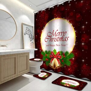 calarvuk 4pc merry christmas bathroom sets with shower curtain and rugs, golden christmas bells shower curtain set with non-slip rugs, toilet lid cover and bath mat, holiday bathroom decoration set