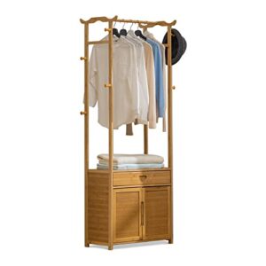 monibloom bamboo free standing closet organizer with drawer, clothing rack with 1 shelf, 1 hanging rods, 8 hooks & storage cabient for bedroom living room office, natural