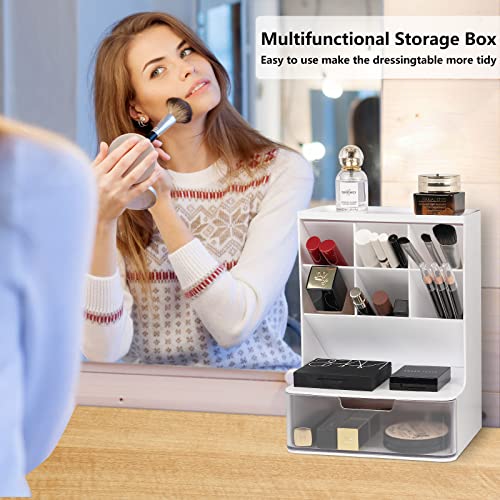 YARRAMATE Makeup Organizer with Brush Holder and Clear Drawer, Cosmetic Organizer and Storage in Bathroom, Dorm Room, Bedroom organizer for dresser, Cosmetic Display Cases (Artic White)