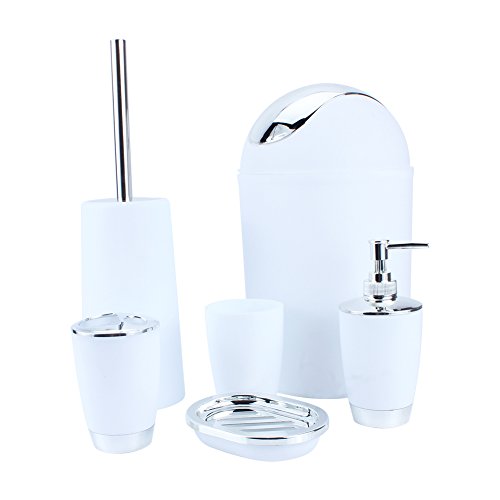 Bathroom Accessories Set, 6 Piece Modern Bath Accessory Bathroom Supplies Set Includes Emulsion Bottle, Tooth Brush Holder, Soap Dish, Gargle Cup, Bin and Toilet Brush for Housewarming Gift, White