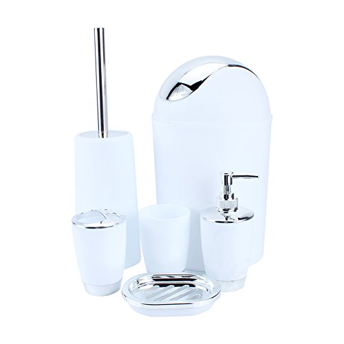 Bathroom Accessories Set, 6 Piece Modern Bath Accessory Bathroom Supplies Set Includes Emulsion Bottle, Tooth Brush Holder, Soap Dish, Gargle Cup, Bin and Toilet Brush for Housewarming Gift, White