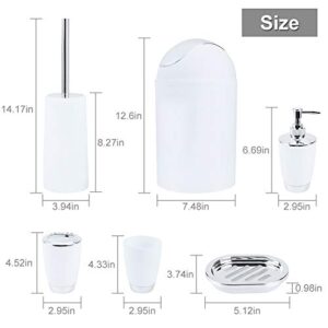 Bathroom Accessories Set, 6 Piece Modern Bath Accessory Bathroom Supplies Set Includes Emulsion Bottle, Tooth Brush Holder, Soap Dish, Gargle Cup, Bin and Toilet Brush for Housewarming Gift, White