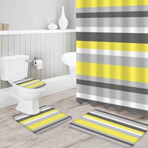 Singingin Shower Curtain Set with Bathroom Rugs and Mats Geometric Stripes Yellow Grey Bathroom Rugs Set 4 Piece,Non-Slip Rugs,Toilet Lid Cover and Bath Mat,Waterproof Shower Curtain for Tub