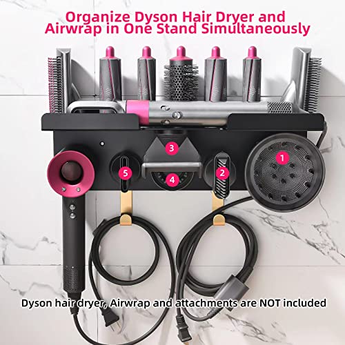 Airwrap Holder for Dyson Wall Mount Holder for Dyson Hair Dryer Airwrap Hair Styler, 2in1 Dyson Airwrap Holder Dyson Hair Dryer Stand to Organize 5 Dyson Blow Dryer Attachments Black, Uemusi