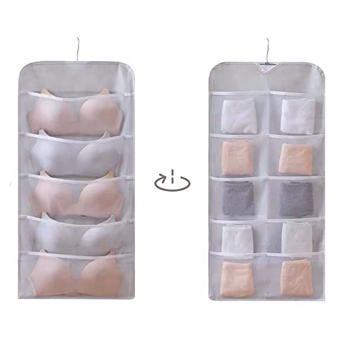 HUAJUHUI L&Z Hanging Storage Organizer-Cloth Dual Sided Wall Shelf Wardrobe Bags for Underwear Bra Socks Clothes Storage Hanging Bags, with Mesh Pockets & Rotating Metal Hanger(Gray,5+10 Grids)