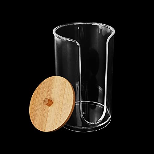 Cotton Round Holder or Bathroom Cup Dispenser with Bamboo Lid, Clear Acrylic Cosmetics Make Up Cotton Pads Dispenser for Bathroom Guest Room Vanity Countertops