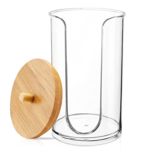 Cotton Round Holder or Bathroom Cup Dispenser with Bamboo Lid, Clear Acrylic Cosmetics Make Up Cotton Pads Dispenser for Bathroom Guest Room Vanity Countertops