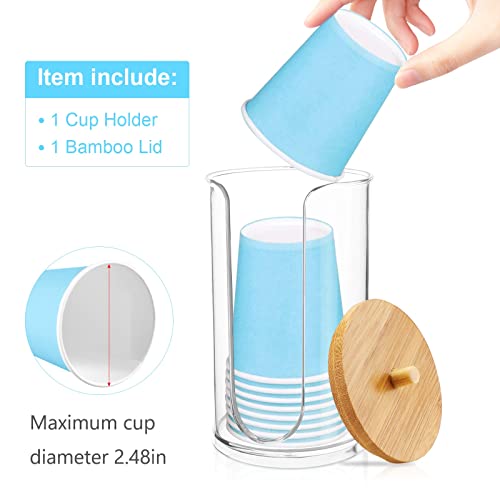 Cotton Round Holder or Bathroom Cup Dispenser with Bamboo Lid, Clear Acrylic Cosmetics Make Up Cotton Pads Dispenser for Bathroom Guest Room Vanity Countertops