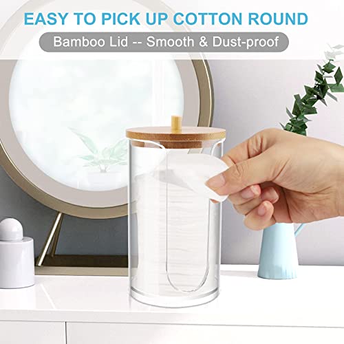Cotton Round Holder or Bathroom Cup Dispenser with Bamboo Lid, Clear Acrylic Cosmetics Make Up Cotton Pads Dispenser for Bathroom Guest Room Vanity Countertops