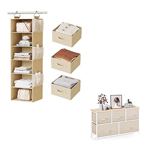 Pipishell Hanging Closet Organizer 6-Shelf, Hanging Shelves for Closet with 3 Removable Drawers & Side Pockets, Hanging Shelf Organizer for Bedroom or Garment Rack, 12'' x 12'' x 43.3'', Beige