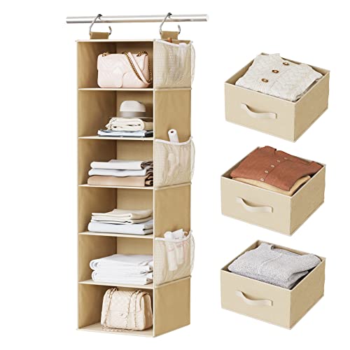 Pipishell Hanging Closet Organizer 6-Shelf, Hanging Shelves for Closet with 3 Removable Drawers & Side Pockets, Hanging Shelf Organizer for Bedroom or Garment Rack, 12'' x 12'' x 43.3'', Beige