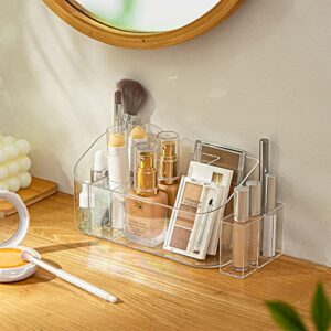 sunficon makeup tray holder organizer cosmetic display case tabletop desktop vanity countertop bathroom wall cabinet medicine storage box 9 dividers 2 removable for womens ladies girls crystal clear