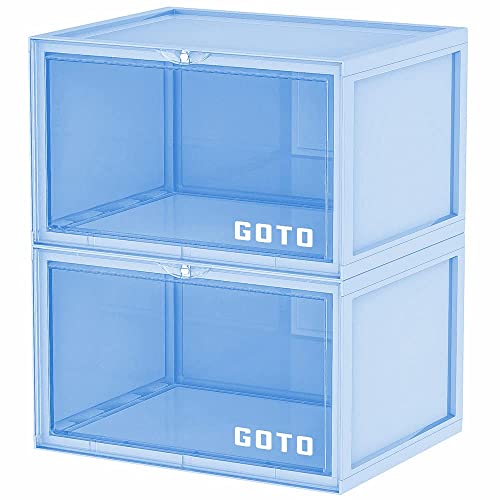 GOTO 2 Packs of Macaron Shoe Storage Boxes, Clear Plastic Side Opening Shoe Box, Stackable Shoe Organizer, Multi-function Storage Box, Sneaker Display Case Fit Up To US Male Size 13 (BLUE)