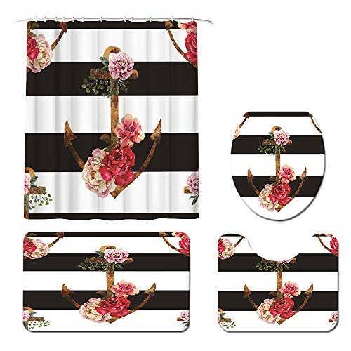 LyerArtork 4Pcs Nautical Shower Curtain Sets with Non-Slip Rug Toilet Lid Cover and Bath Mat Rose Striped Bathroom Curtains with 12 Hooks Washable Fabric Cloth Bathroom Decor