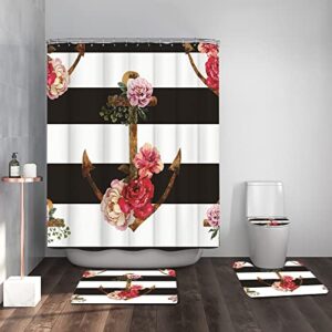 LyerArtork 4Pcs Nautical Shower Curtain Sets with Non-Slip Rug Toilet Lid Cover and Bath Mat Rose Striped Bathroom Curtains with 12 Hooks Washable Fabric Cloth Bathroom Decor