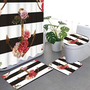 LyerArtork 4Pcs Nautical Shower Curtain Sets with Non-Slip Rug Toilet Lid Cover and Bath Mat Rose Striped Bathroom Curtains with 12 Hooks Washable Fabric Cloth Bathroom Decor