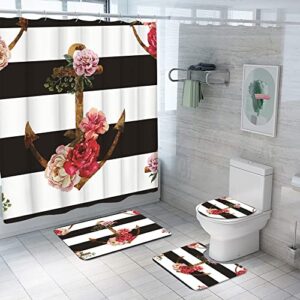 LyerArtork 4Pcs Nautical Shower Curtain Sets with Non-Slip Rug Toilet Lid Cover and Bath Mat Rose Striped Bathroom Curtains with 12 Hooks Washable Fabric Cloth Bathroom Decor