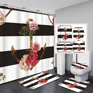 LyerArtork 4Pcs Nautical Shower Curtain Sets with Non-Slip Rug Toilet Lid Cover and Bath Mat Rose Striped Bathroom Curtains with 12 Hooks Washable Fabric Cloth Bathroom Decor