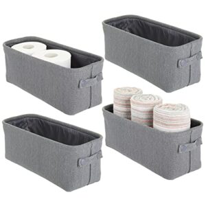 mdesign narrow fabric storage bin basket with handles for bathroom closet, vanity, cabinet, cubby, countertop, small slim baskets for towels, toilet tissue, crane collection, 4 pack - charcoal gray