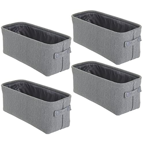mDesign Narrow Fabric Storage Bin Basket with Handles for Bathroom Closet, Vanity, Cabinet, Cubby, Countertop, Small Slim Baskets for Towels, Toilet Tissue, Crane Collection, 4 Pack - Charcoal Gray