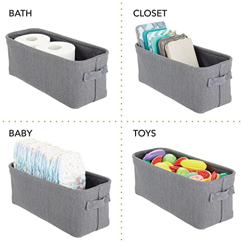 mDesign Narrow Fabric Storage Bin Basket with Handles for Bathroom Closet, Vanity, Cabinet, Cubby, Countertop, Small Slim Baskets for Towels, Toilet Tissue, Crane Collection, 4 Pack - Charcoal Gray