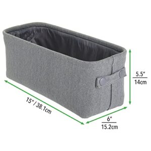 mDesign Narrow Fabric Storage Bin Basket with Handles for Bathroom Closet, Vanity, Cabinet, Cubby, Countertop, Small Slim Baskets for Towels, Toilet Tissue, Crane Collection, 4 Pack - Charcoal Gray