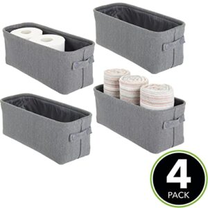 mDesign Narrow Fabric Storage Bin Basket with Handles for Bathroom Closet, Vanity, Cabinet, Cubby, Countertop, Small Slim Baskets for Towels, Toilet Tissue, Crane Collection, 4 Pack - Charcoal Gray