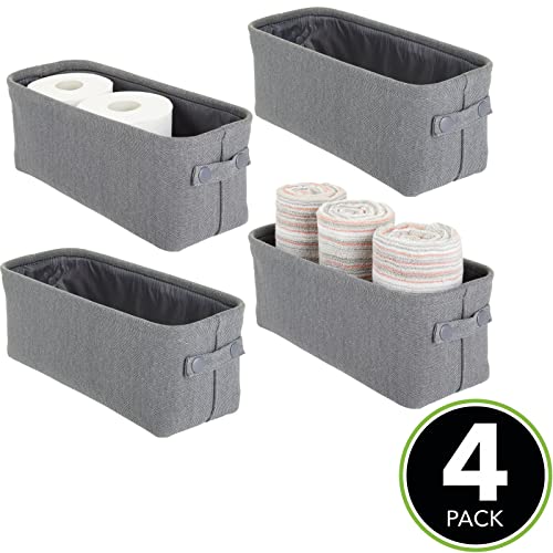 mDesign Narrow Fabric Storage Bin Basket with Handles for Bathroom Closet, Vanity, Cabinet, Cubby, Countertop, Small Slim Baskets for Towels, Toilet Tissue, Crane Collection, 4 Pack - Charcoal Gray