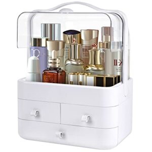 Clear Makeup Organizer, Large Cosmetic Storage Box with Covered, Dustproof & Waterproof, Display Case for Bathroom, Dresser, Countertop, Gift(White-XL)