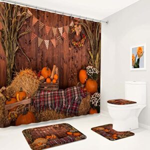 4PC Fall Thanksgiving Bathroom Set, Orange Pumpkin Shower Curtain Set with Shower Curtain and Rugs and Accessories,Bathroom Decor Shower Curtains with Soft Non-Slip Bath Mat and Toilet Lid Cover Mat