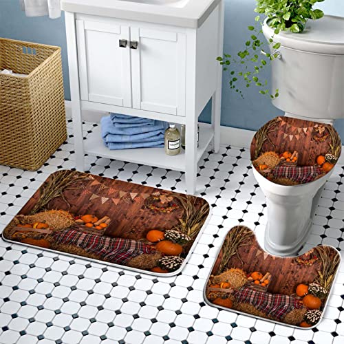 4PC Fall Thanksgiving Bathroom Set, Orange Pumpkin Shower Curtain Set with Shower Curtain and Rugs and Accessories,Bathroom Decor Shower Curtains with Soft Non-Slip Bath Mat and Toilet Lid Cover Mat