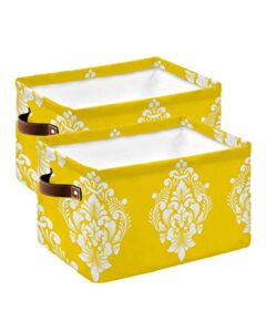 yellow storage bins for organizing, decorative large closet organizers with handles cubes - 2 pack fabric baskets for shelves, closets, laundry, nursery, classical luxury damask texture