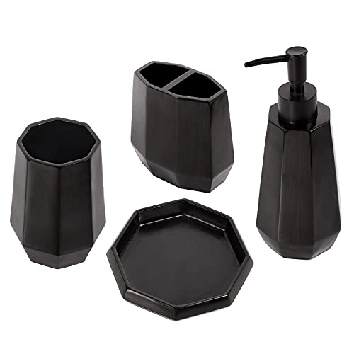 MyGift 4 Piece Modern Matte Black Resin Bathroom Accessories Set with Multifaceted Design Includes Soap Dish, Tumbler, Toothbrush Holder and Pump Dispenser
