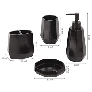 MyGift 4 Piece Modern Matte Black Resin Bathroom Accessories Set with Multifaceted Design Includes Soap Dish, Tumbler, Toothbrush Holder and Pump Dispenser