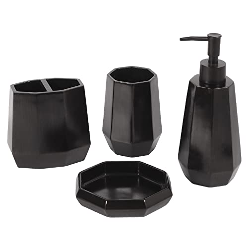 MyGift 4 Piece Modern Matte Black Resin Bathroom Accessories Set with Multifaceted Design Includes Soap Dish, Tumbler, Toothbrush Holder and Pump Dispenser