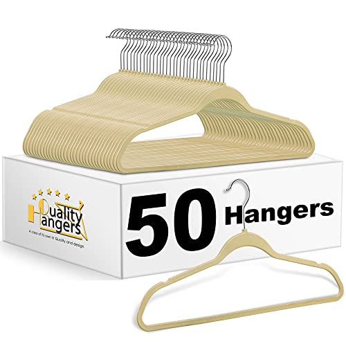 Quality Hangers 50 Pack Slim Plastic Hangers for Clothes - Heavy Duty Non-Velvet Hangers with 360° Swivel Chrome Hook & Non Slip Notches - Ideal for Dresses Coats Shirts Jackets & More - Ivory/Beige