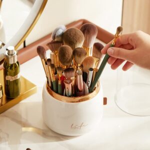 CAFINY 360 Rotating Makeup Brush Holder Organizer with Lid Large Capacity Cosmetic Brush Organizer with 7 Compartments Brush Display Bucket for Vanity