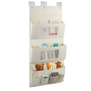 colorlife over the door organizer 3 large pockets hanging organizer storage bag, washable wall-mounted storage rack with 3 sticky hooks and 4 mesh pockets for clothes,toys,cosmetics,kitchen beige