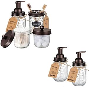 Amolliar 4PCS & 2pcs Bronze Mason Jar Bathroom Accessories Set-3pcs Foaming Soap Dispenser & 2pcs Cotton Swab Holder &1pcs Toothbrush Holder,Waterproof Stickers,Rustic Farmhouse Decor