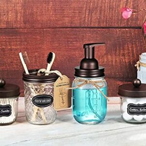 Amolliar 4PCS & 2pcs Bronze Mason Jar Bathroom Accessories Set-3pcs Foaming Soap Dispenser & 2pcs Cotton Swab Holder &1pcs Toothbrush Holder,Waterproof Stickers,Rustic Farmhouse Decor