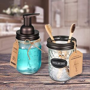 Amolliar 4PCS & 2pcs Bronze Mason Jar Bathroom Accessories Set-3pcs Foaming Soap Dispenser & 2pcs Cotton Swab Holder &1pcs Toothbrush Holder,Waterproof Stickers,Rustic Farmhouse Decor