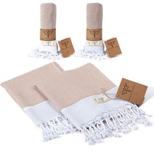 smyrna original turkish hand towels orientina series set of 2 | 100% cotton, 16 x 40 inches | decorative bathroom peshtemal towel for hand, face, hair, gym, yoga, tea, kitchen and bath (latte)