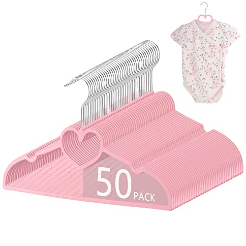 Kigley 50 Pieces Kids Pink Heart Hangers 12.8 Inch Plastic Space Saving Baby Hangers Kids Hangers for Nursery Cute Hangers with 360 Degree Swivel Hook Stackable and Non Slip