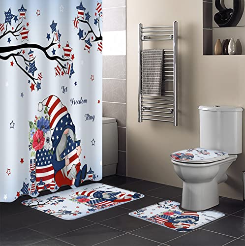 Fourth of July 4 Piece Shower Curtain Sets with Non-Slip Rugs, Toilet Lid Cover and Bath Mat, American Flag Stars Cute Gnomes Patriotic Theme Shower Curtain with 12 Hooks, Durable and Waterproof