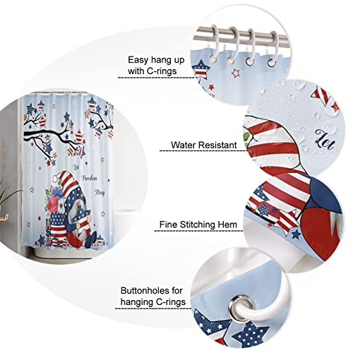 Fourth of July 4 Piece Shower Curtain Sets with Non-Slip Rugs, Toilet Lid Cover and Bath Mat, American Flag Stars Cute Gnomes Patriotic Theme Shower Curtain with 12 Hooks, Durable and Waterproof