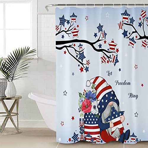 Fourth of July 4 Piece Shower Curtain Sets with Non-Slip Rugs, Toilet Lid Cover and Bath Mat, American Flag Stars Cute Gnomes Patriotic Theme Shower Curtain with 12 Hooks, Durable and Waterproof