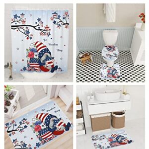 Fourth of July 4 Piece Shower Curtain Sets with Non-Slip Rugs, Toilet Lid Cover and Bath Mat, American Flag Stars Cute Gnomes Patriotic Theme Shower Curtain with 12 Hooks, Durable and Waterproof